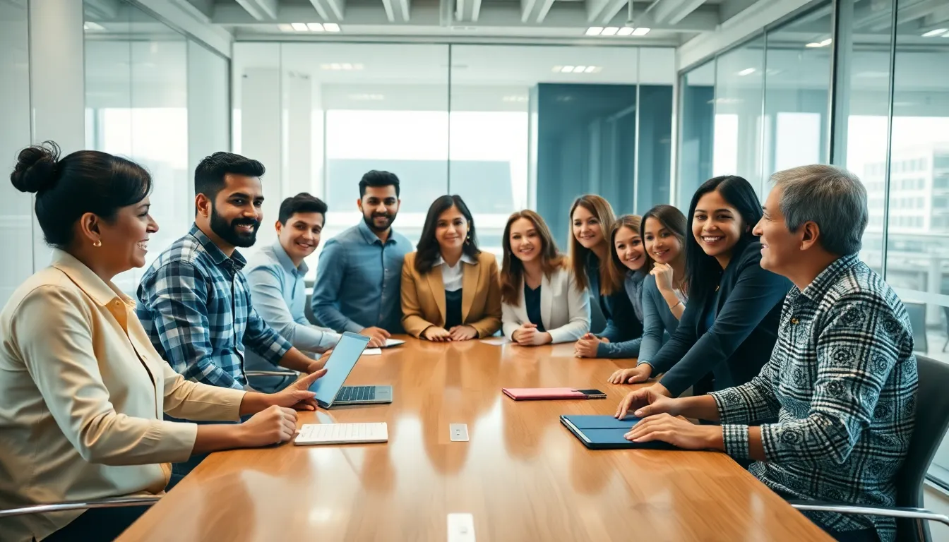 A diverse group of professionals in a modern office collaborating around a table.
